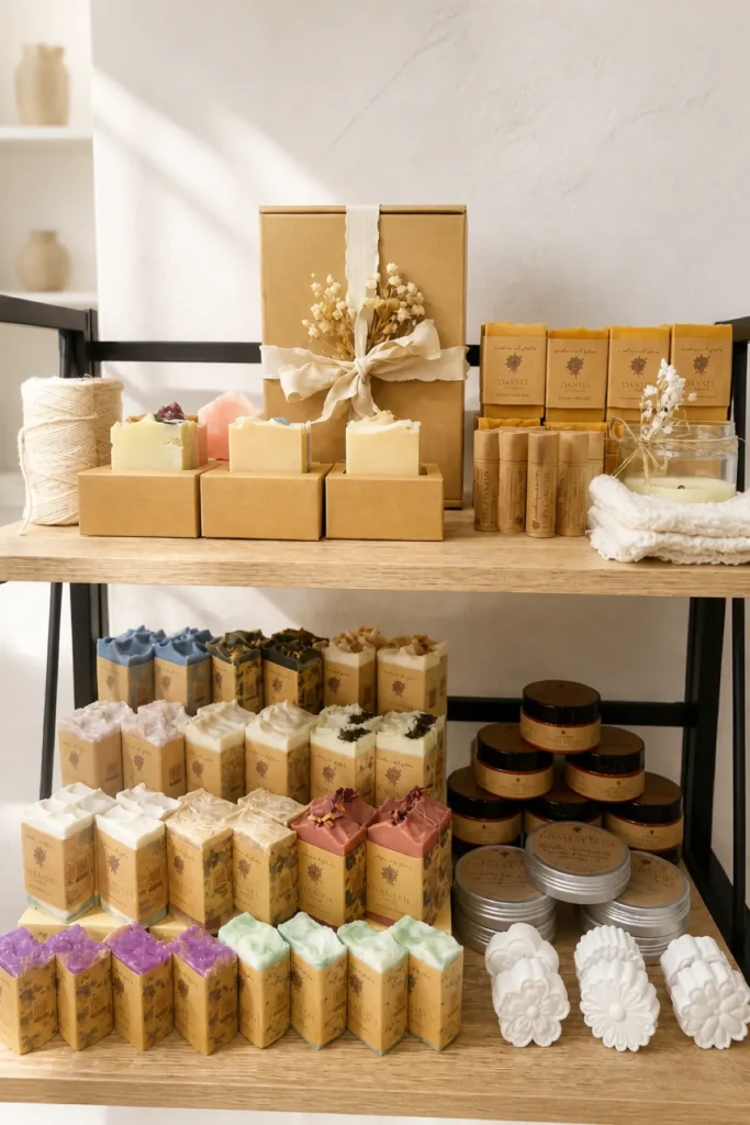 Soaps and other artisan self-care products displayed on shelves