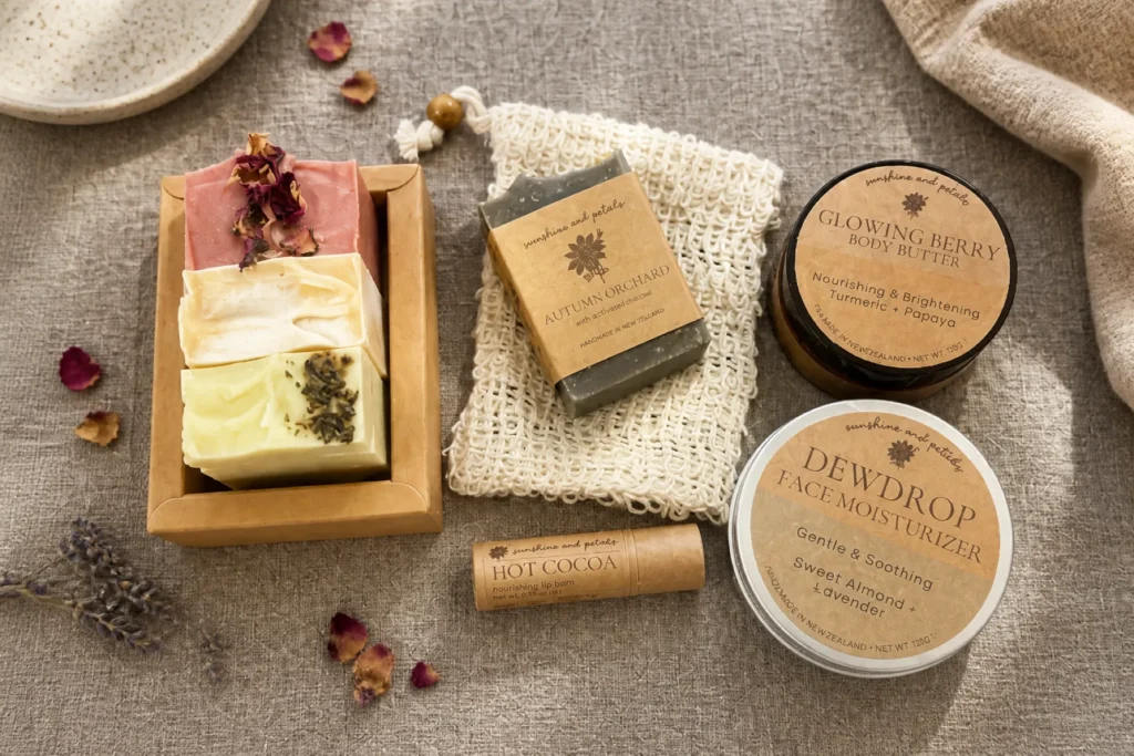 Handmade soap, face moisturiser tin and lip balm on a linen cloth