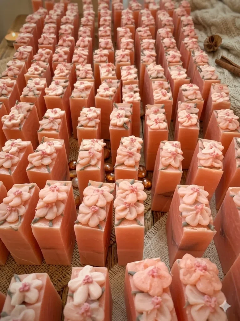 Rows of pink cherry blossom favour soaps