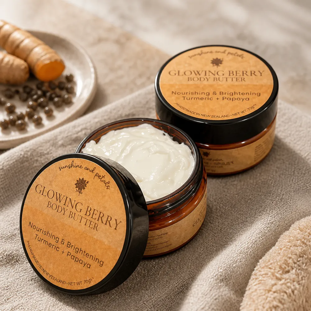 Glowing Berry Body Butter jars, one open