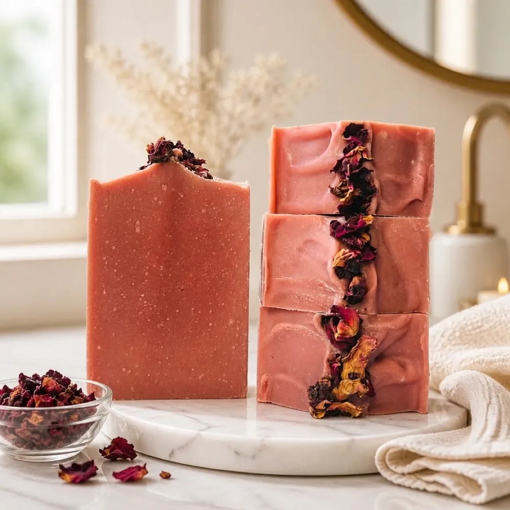 Rose Petal Soap bars topped with dried rose petals
