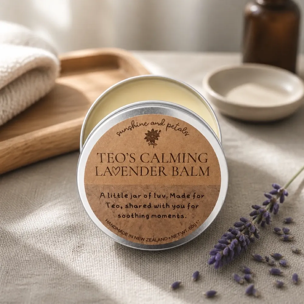 Teo's Lavender Calming Balm in an open tin beside lavender