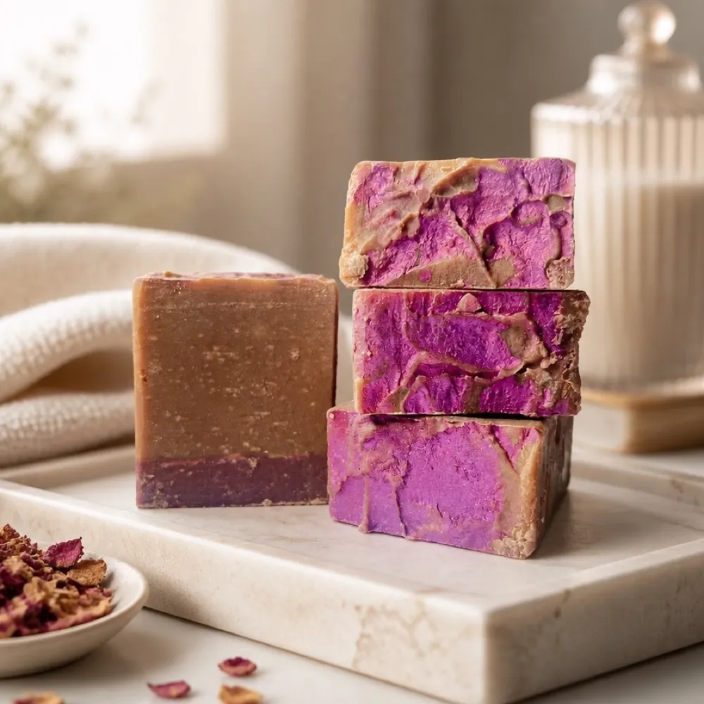 Purple Ube Soap bars stacked on marble